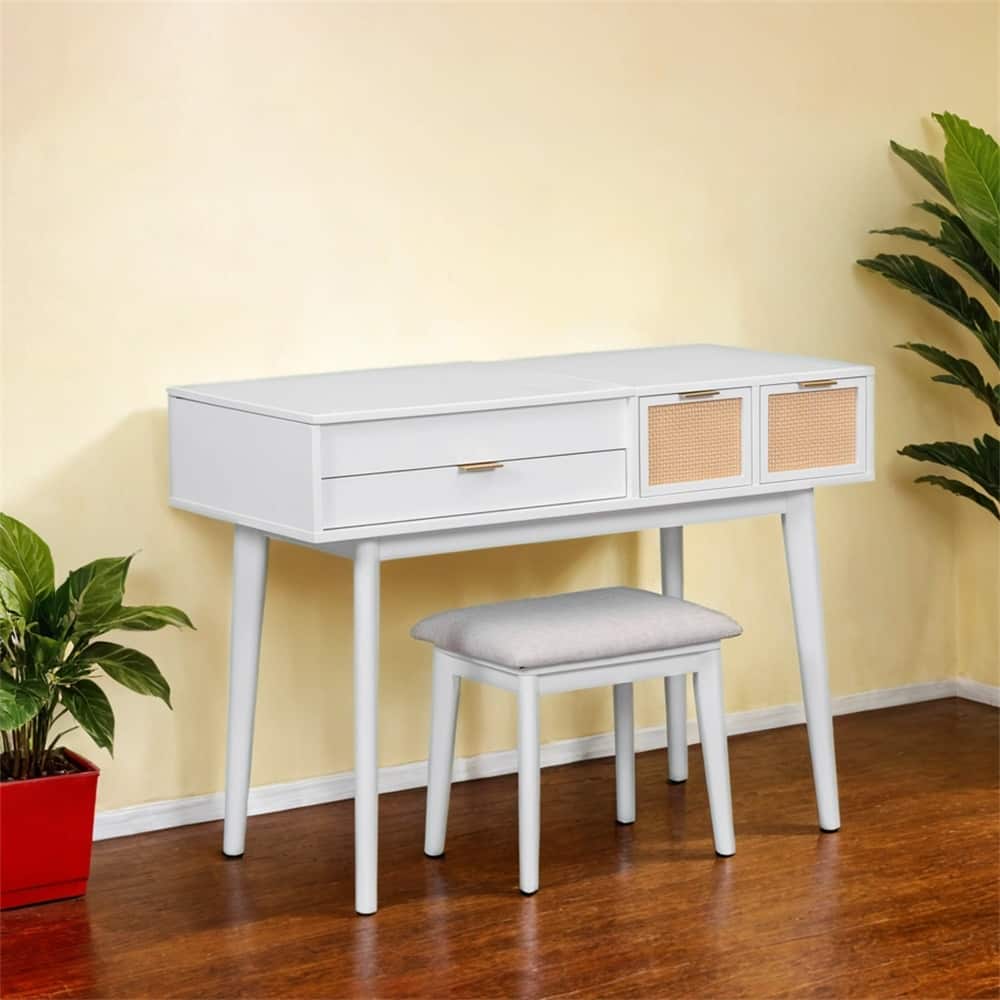Wood Makeup Vanity Set with Flip-top Mirror and Stool,Dressing Table