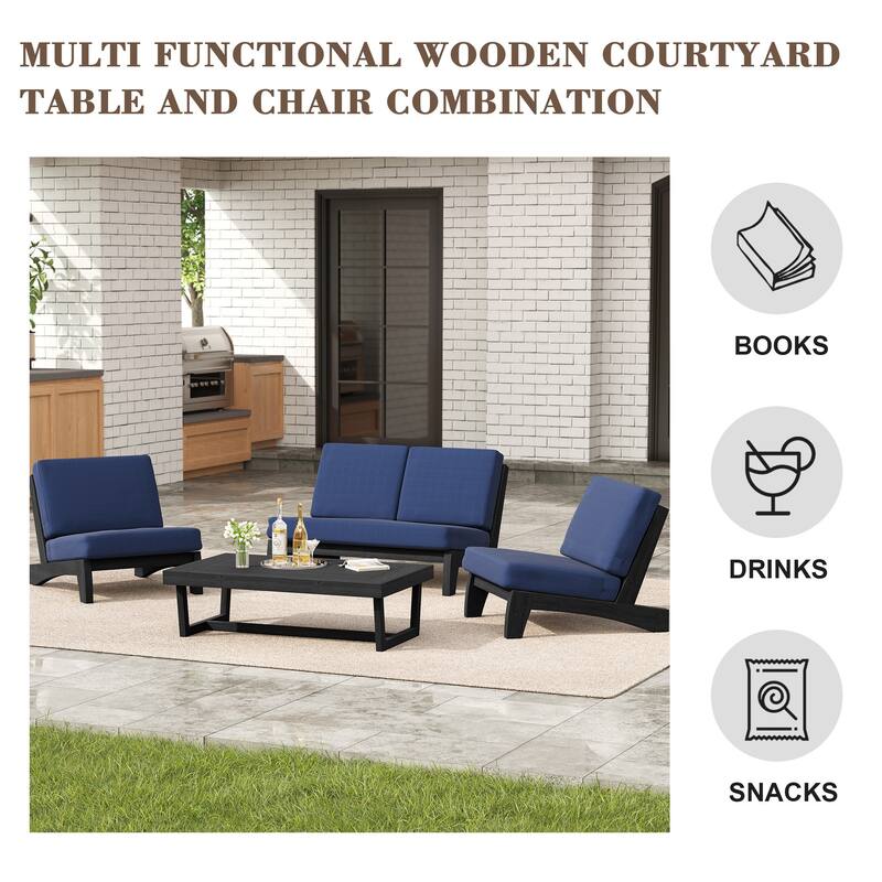 4 Set Outdoor Patio Teak Wood Club Chairs Loveseat with Cushion