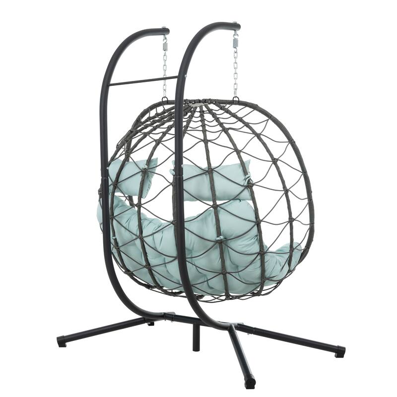 Steel Frame 2-Person Egg Chair with Stand and Outdoor Wicker Hanging Swing for Patio/Balcony