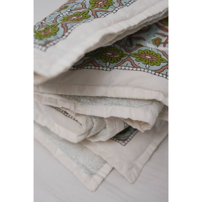 Fabdivine Hand Block Print Eco-Friendly Cotton Quilt Jaipuri Jaal Green Brown, Decorative Cotton Bedspread for Home & Bedroom