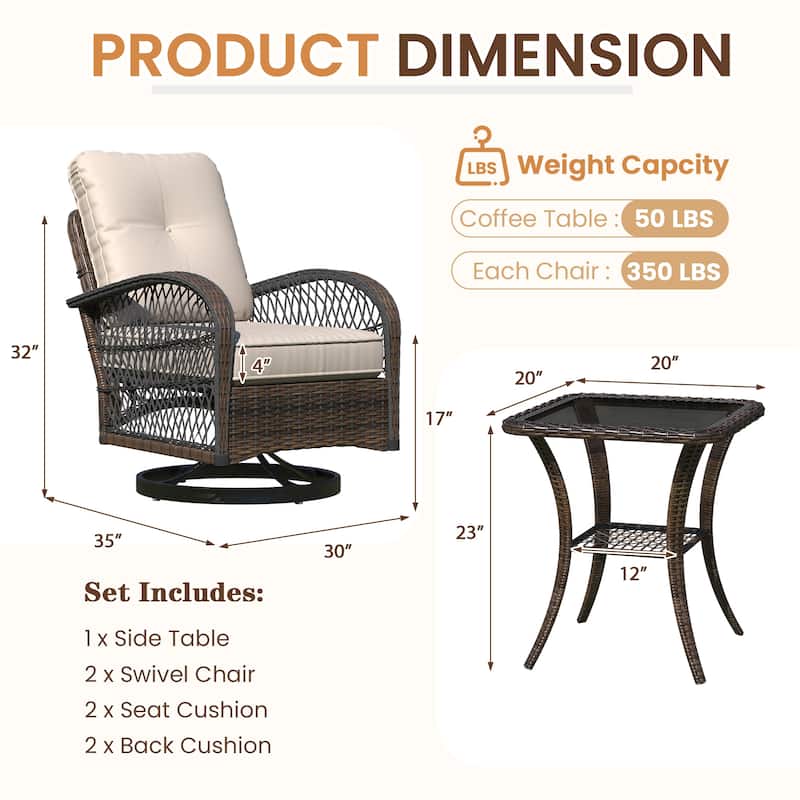Outdoor Swivel Rocker Bistro Set - 3 Piece Wicker Patio Set with Swivel Rocking Chairs, Cushions, and Tempered Glass Side Table