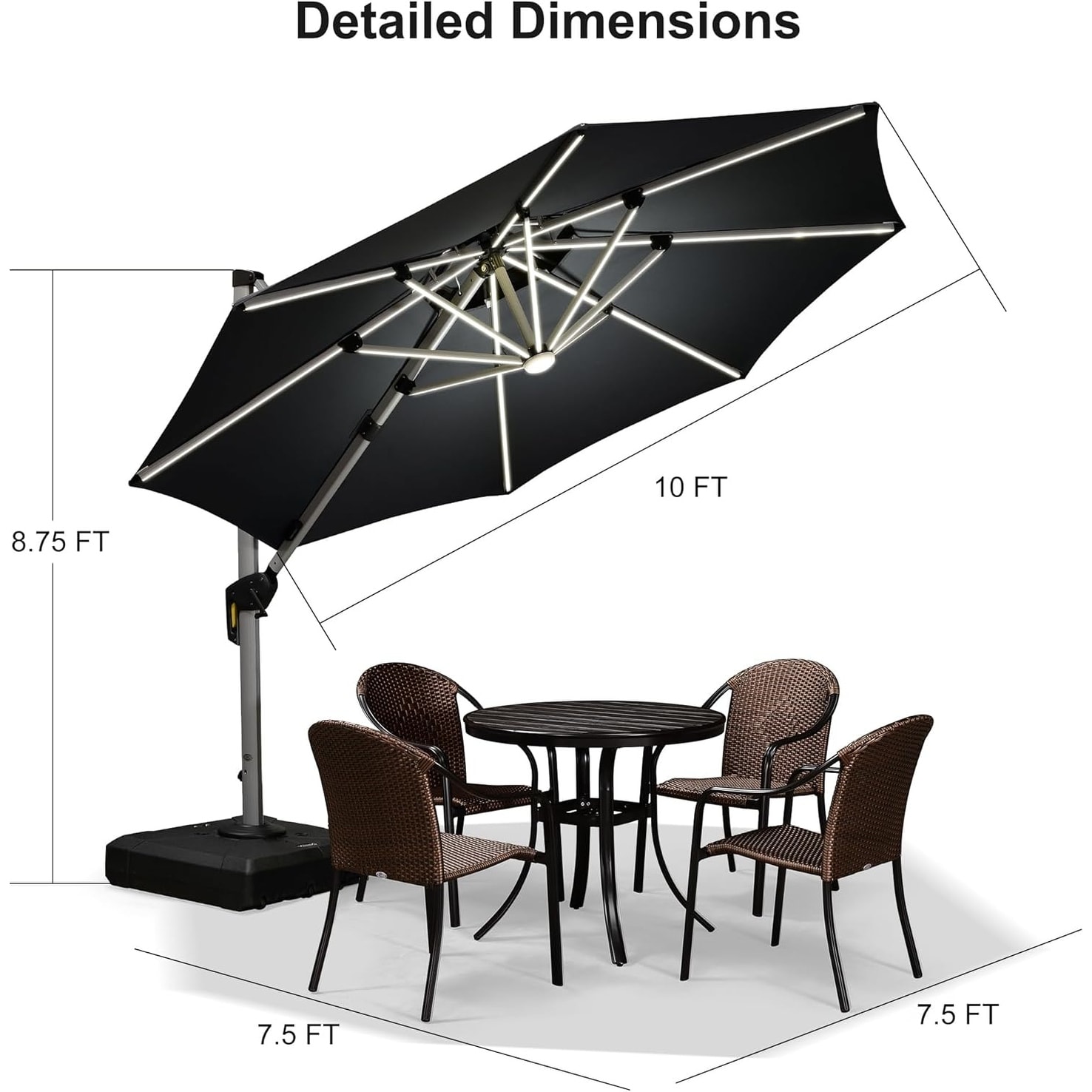led round offset patio umbrella 10Ft with Solar Lights, Solar Lighted Patio Umbrella with Base Included, Easy Tilt Adjustment, Sturdy 8 Rids, Outdoor Cantilever Umbrella for Backyard, Lawn and Garden the solar panel provides power for the LED stripes Solar LED Cantilever Patio Umbrella