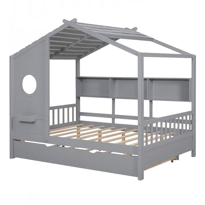 Wooden Full Size House Bed With Trundle, Modern Design for Kids with Storage Shlef