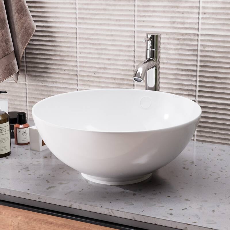 White Ceramic 16.5" Round Above Counter Bathroom Vessel Sink with Overflow, Drain and P-Trap Renovators Supply