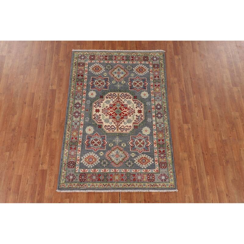 Geometric Kazak Rug Hand-Knotted Grey Oriental Wool Carpet - 4'0" x 6'0"