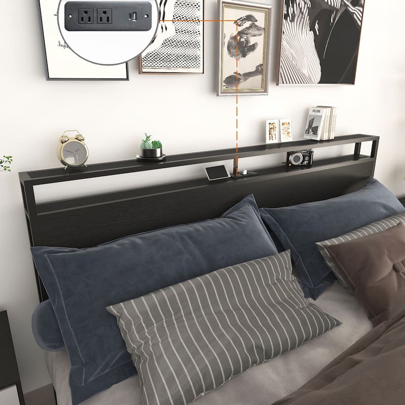Storage Headboard Bed with Charging Station