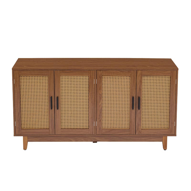 Modern 4 Door Wood Rattan Buffet Sideboard Storage Cabinet