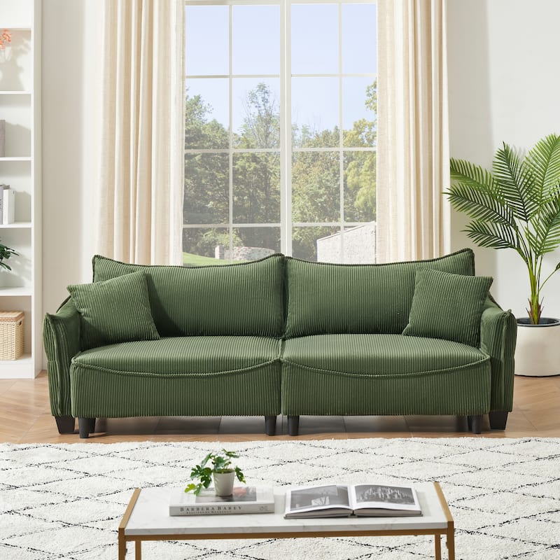 Sofa Showcasing Green Corduroy Fabric, Transformable into Sofa Bed with Two Throw Pillows - Green