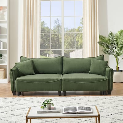 Sofa Showcasing Green Corduroy Fabric, Transformable into Sofa Bed with Two Throw Pillows