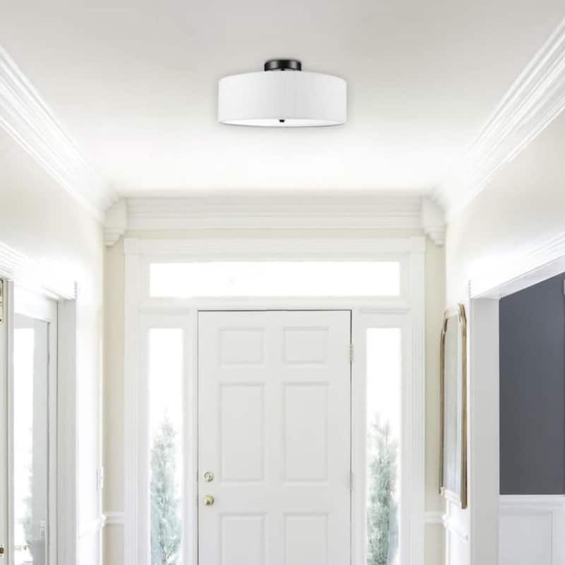 2 Light low profile flush mount light dark bronze, linen shade white light fixture metal ceiling light - N/A