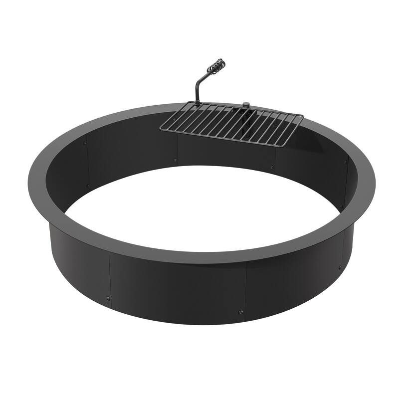 Black Carbon Steel Fire Pit Ring with BBQ Fire Ring, Swivel Grate - 34.84 x 34.84 x 13.15 in