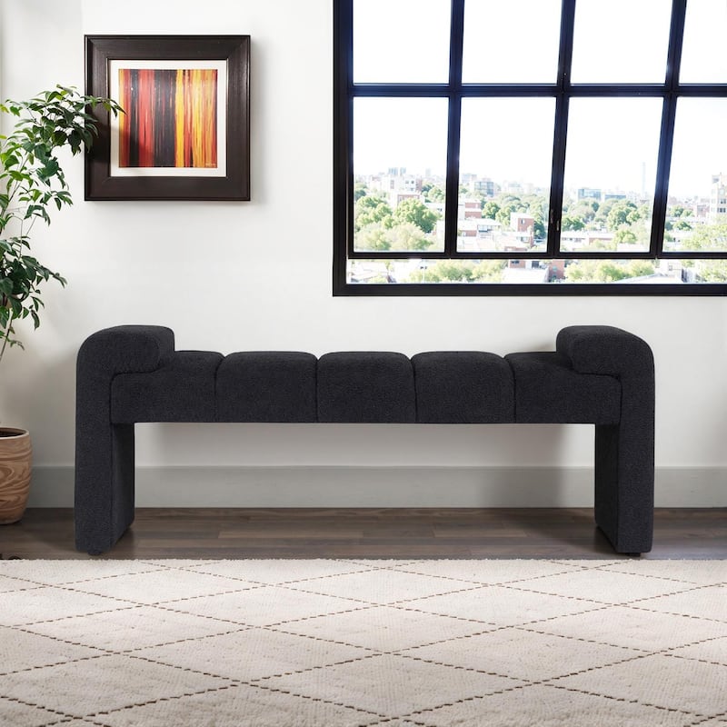 54" Boucle Bedroom Bench with Channel Tufted Modern Entryway Bench Window Bench End of Bed Bench - Curved Arm - Black