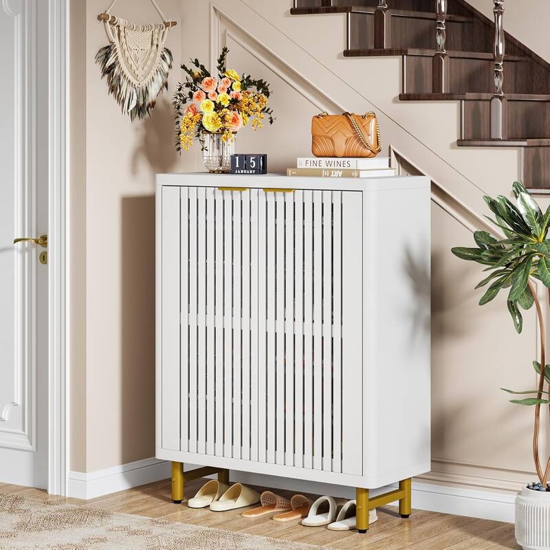 6-Tier Shoe Cabinet with Shutter Doors Adjustable Shelves Wooden Storage Cabinet for Entryway/Hallway/Closet/Living Room