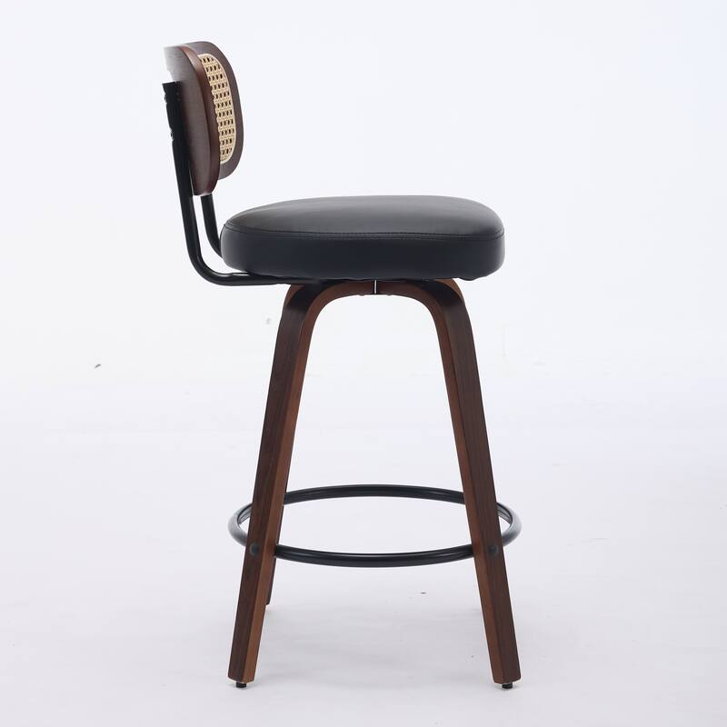 Set of 2 Counter Height Bar Stools, Swivel Counter Stools with Walnut Frame, Rattan Weave Back and PU Leather Padded Seat