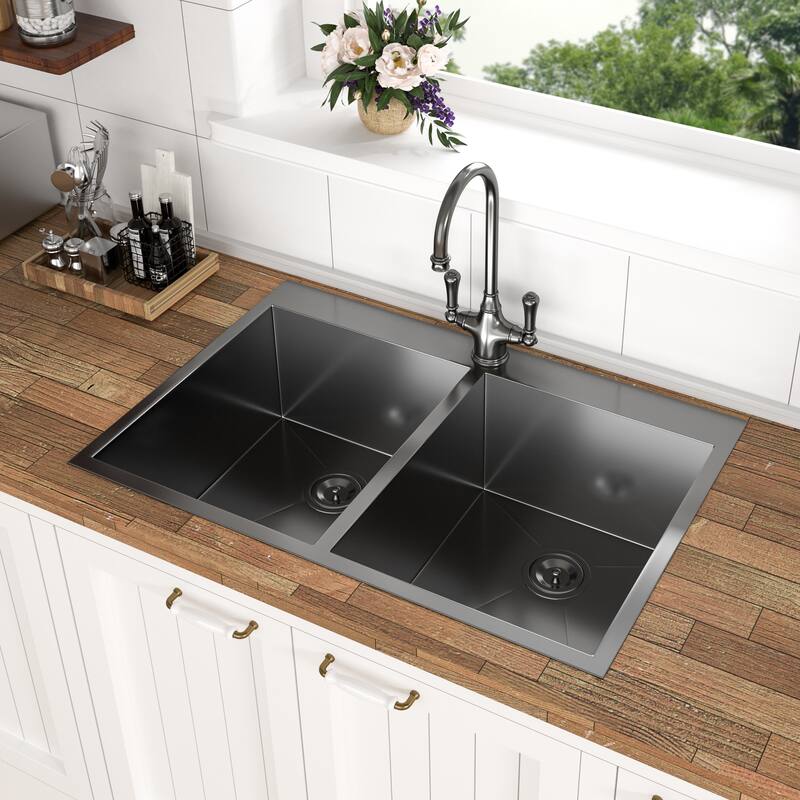 33 In. Drop-In Double Bowl 16 Gauge Kitchen Sink in Gunmetal Black with Two Deep Basins - 33'' x 22'' x 9''