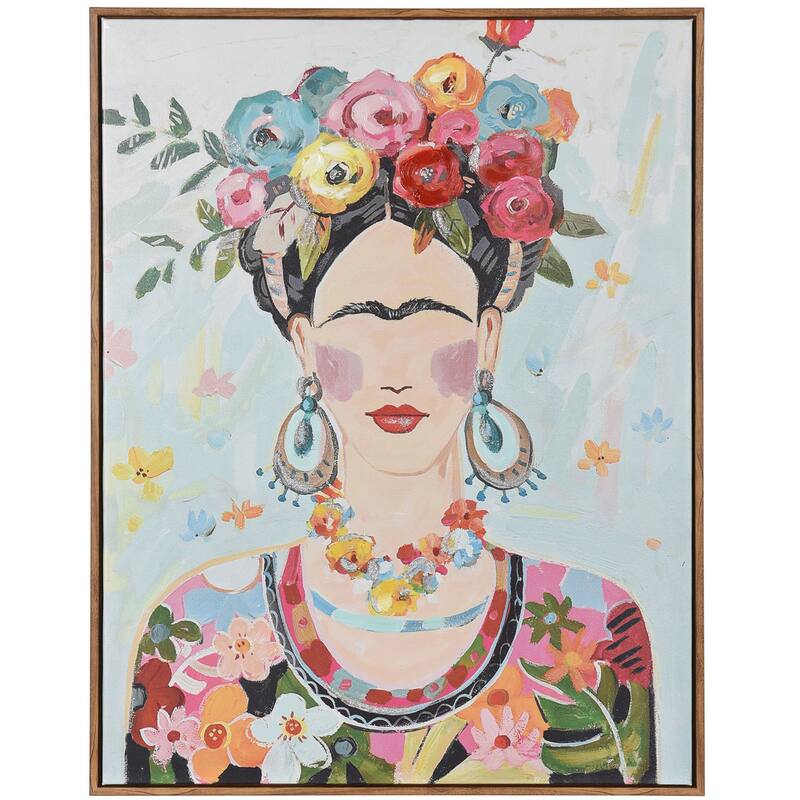 Boho Frida - Acrylic Hand Painted Lady Portrait Wall Art - Natural Wood Frame - Natural - Plastic