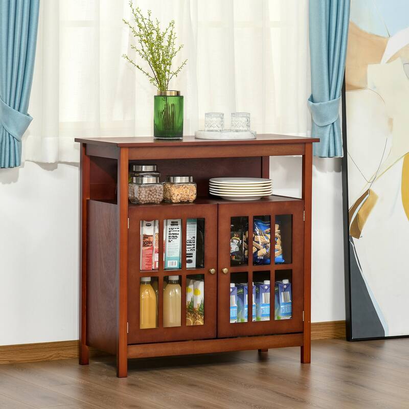 HOMCOM Kitchen Storage Sideboard Cabinet with Open Shelf, Glass Door Cabinet and Adjustable Shelves
