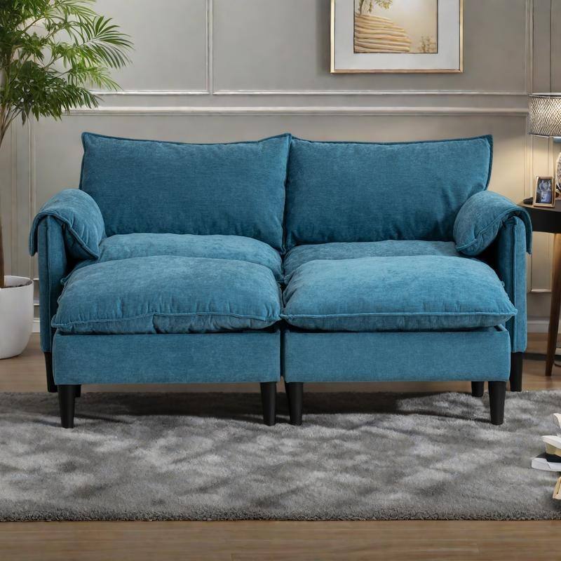 69.57" Metal Convertible U-Shaped Sofa with Storage Footstools, 3-Seater Combination Sofa - Blue