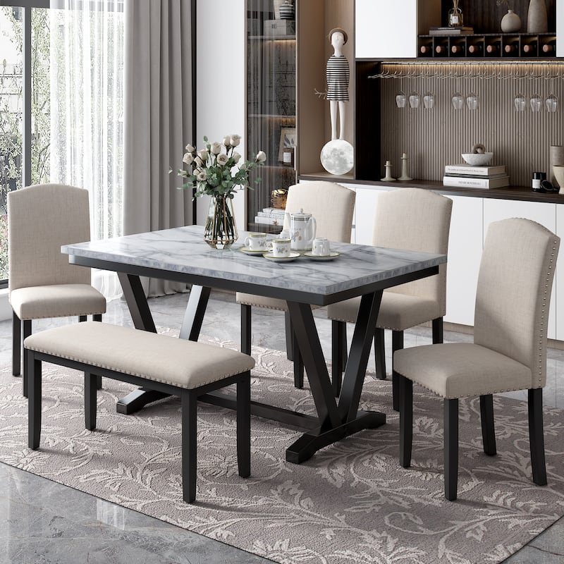 Modern 6-Piece Wooden Dining Table Set with Faux Marble Top & 4 Chairs - White