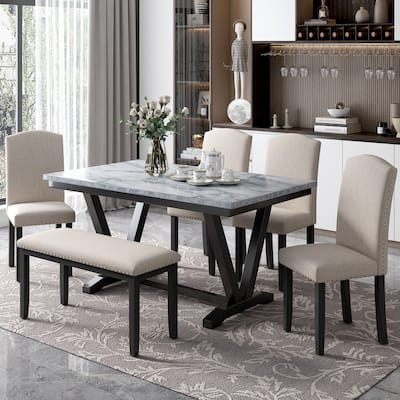 Modern Style 6-Piece Dining Set with V-Shaped Table Legs, Marbled Tabletop, and Comfortable Cushioned Seating