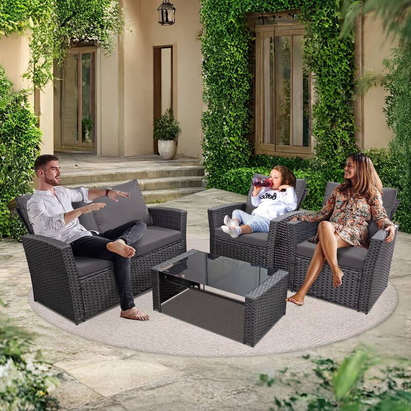 4-Piece Wicker Outdoor Sofa Set, 1 Loveseats, 2 Single Sofas, 1 Table