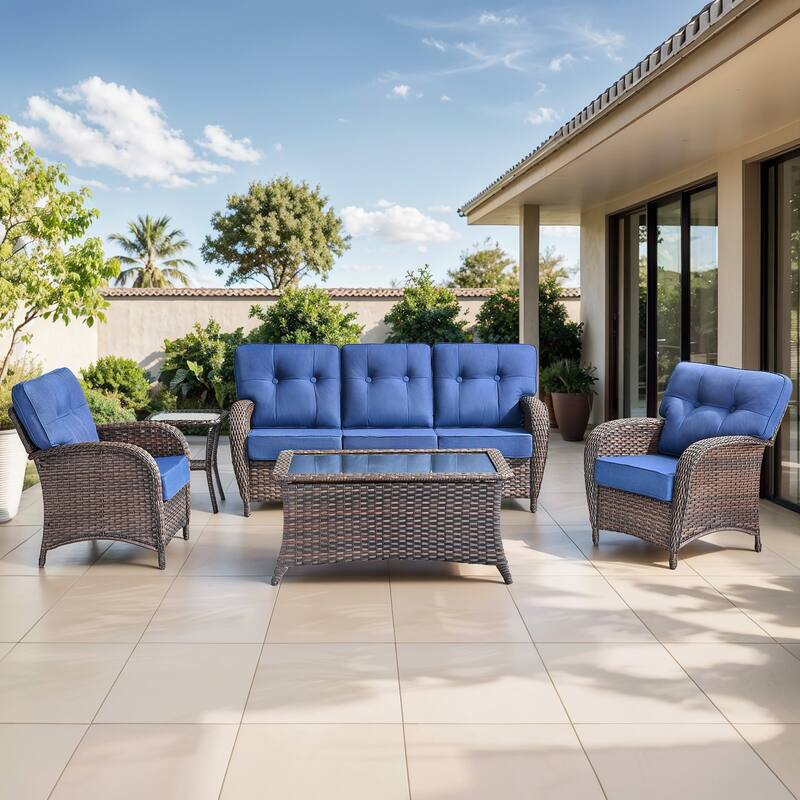 Gymojoy Outdoor Wicker Patio Furniture Set, 5" Thick Cushioned Rattan Conversation Set with Sofa & Chairs - Brown Wicker / Blue Cusion - 5-Piece