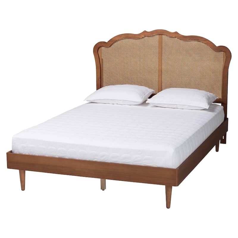 Camden Mid-Century Walnut Brown Wood and Rattan Platform Bed - King