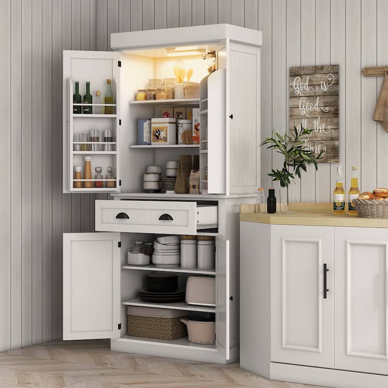 Tall Kitchen Pantry Cabinet with Adjustable LED Light and Drawer Shelves for Organized Storage - 30.1" W x 15.7" D x 71.3" H - White