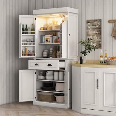 Tall Kitchen Pantry Cabinet with Adjustable LED Light and Drawer Shelves for Organized Storage - 30.1" W x 15.7" D x 71.3" H