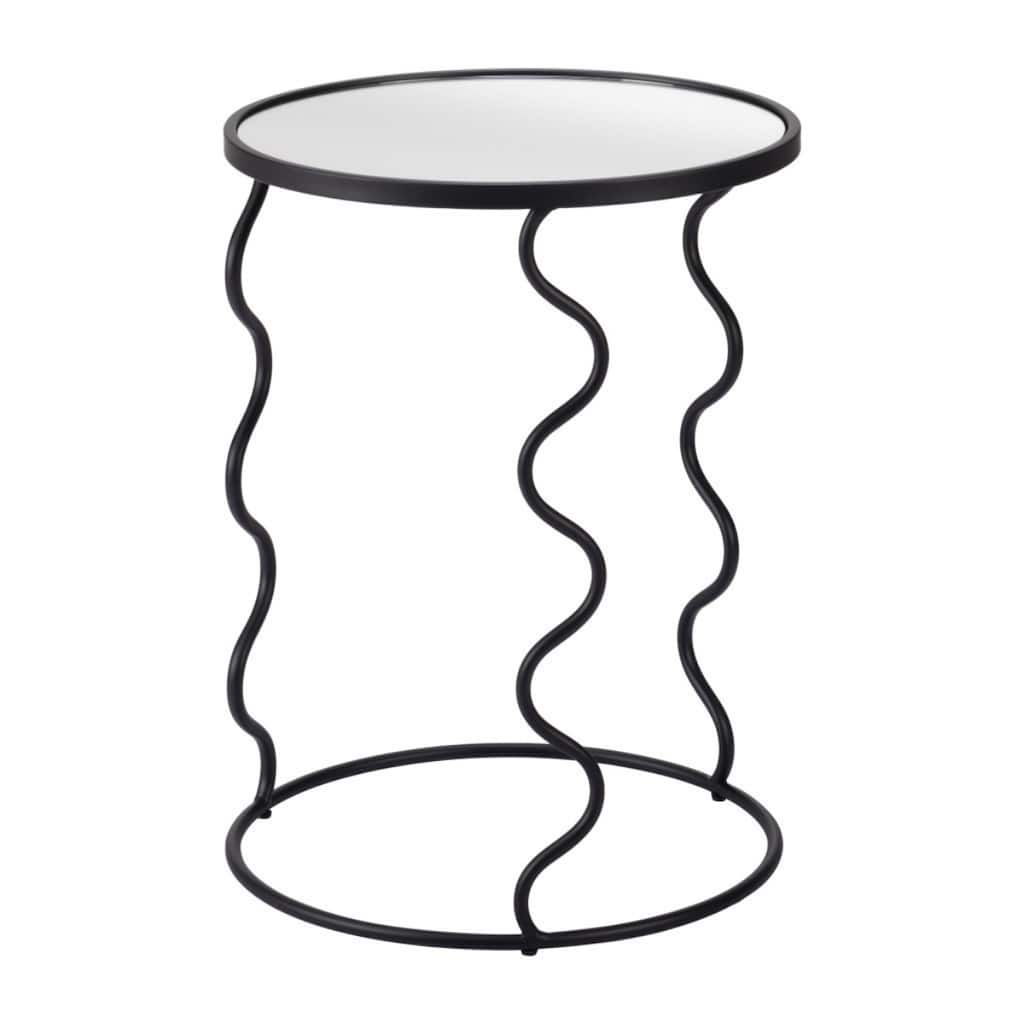 24-Inch Round Modern End Table Black Mirrored Glass Top with Abstract Painted Steel Base - 24”H x 18”L x 18”W