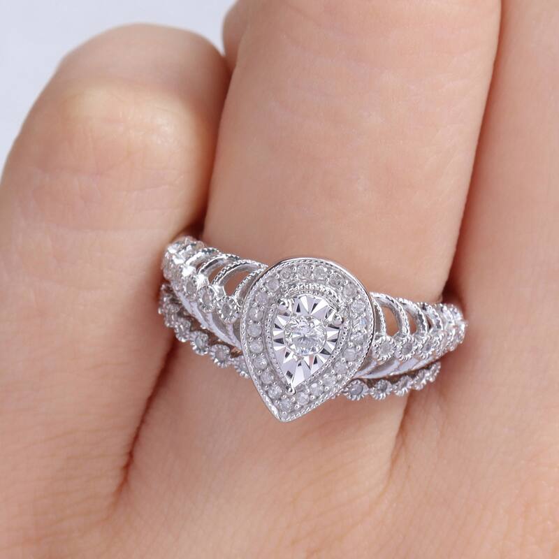 Miadora 1/3ct TDW Diamond Teardrop Halo Bridal Ring Set in Sterling Silver