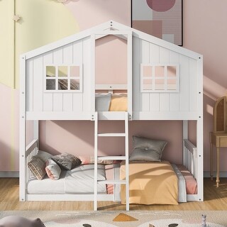 Playhouse Style Kids Bunk Bed with Fence, Twin Over Twin House Bed with Roof, Window, Ladder and Solid Pine Wood Frame