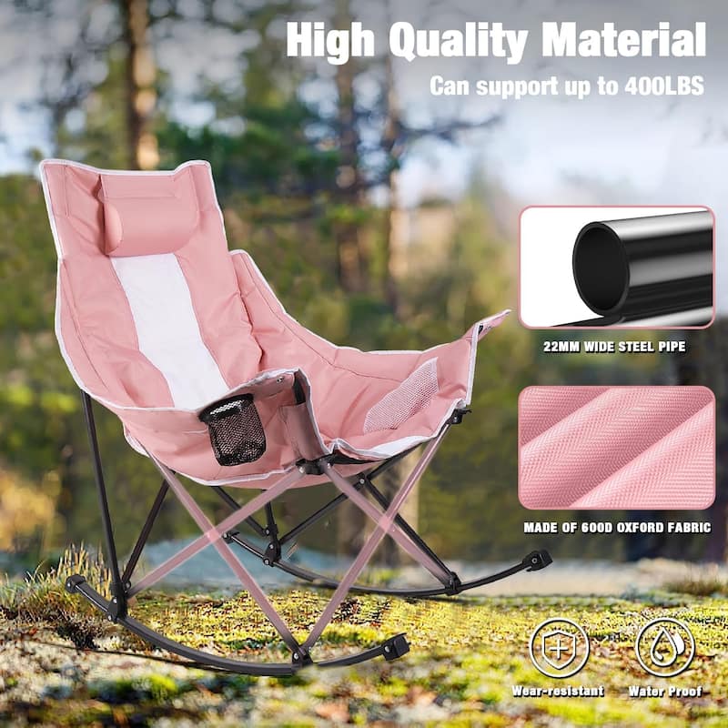 BOSSIN Heavy-Duty Oversized Rocking Camp Chair, Portable Folding w/Cup Holder, Cooler & Pocket for Camping, Beach, Backyard