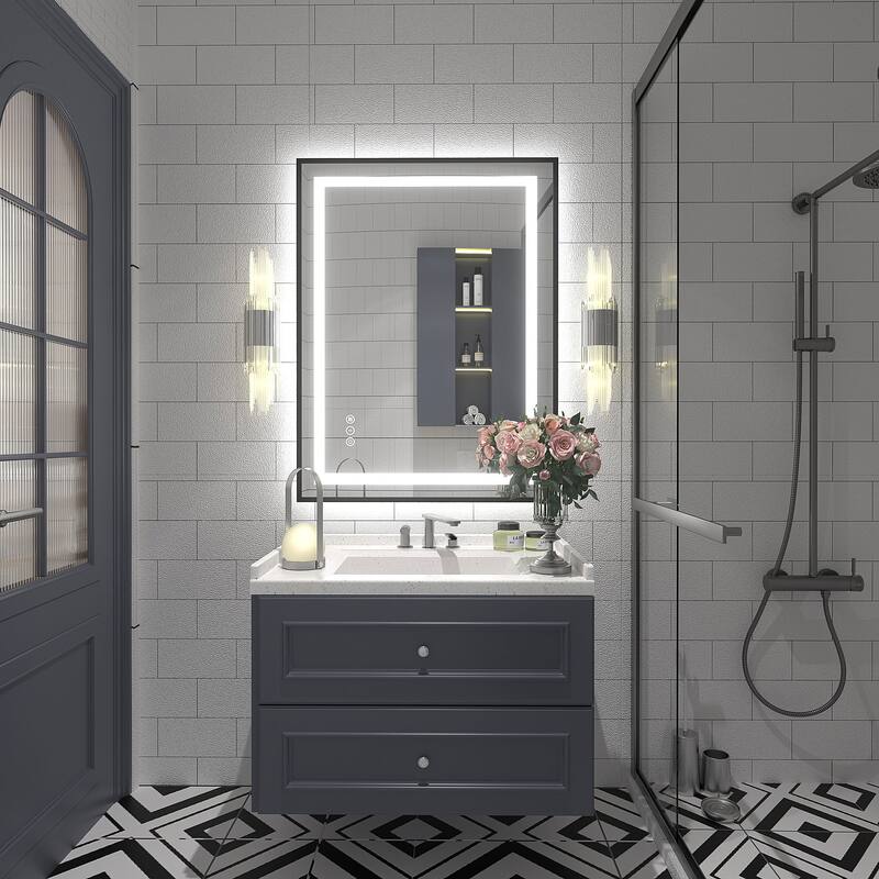 Black Metal Framed LED Front Light and Backlit Anti-Fog Wall Bathroom/ Vanity Mirror