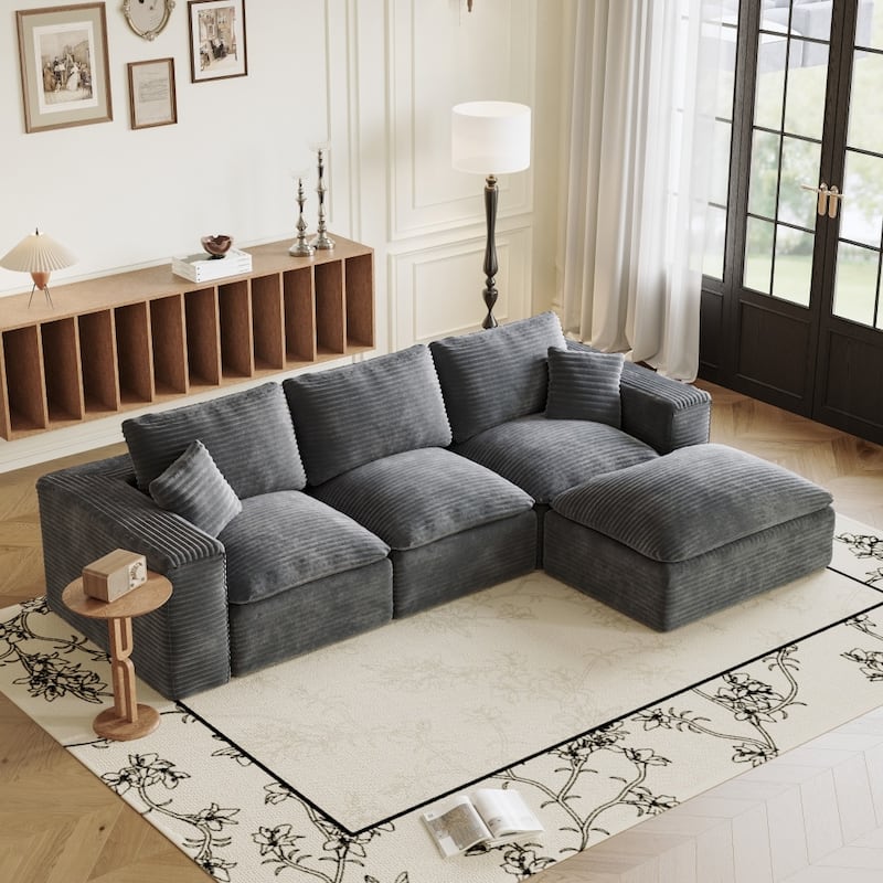 108.26" Corduroy Upholstered Sectional Sofa with Flexible Ottoman - Grey