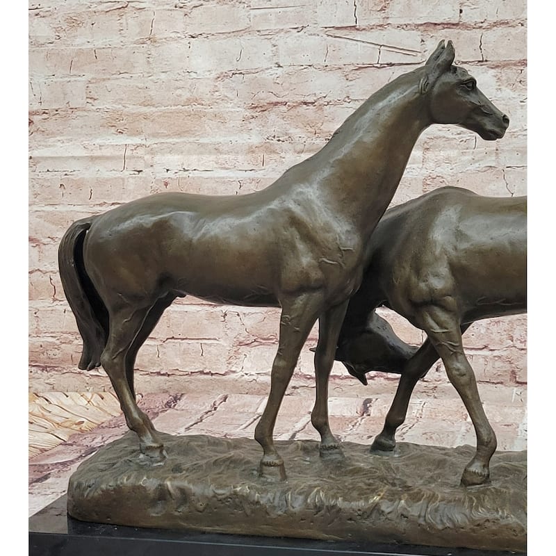 Necking Imitative Horses Equestrian Imitative Horse Lover Bronze Sculpture Statue Art Figure Marble Base
