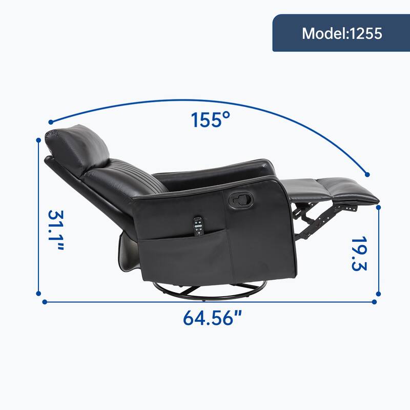Black Faux Leather Heat Massage Manual Recliner Chair with Rocker and Swivel for Living Room