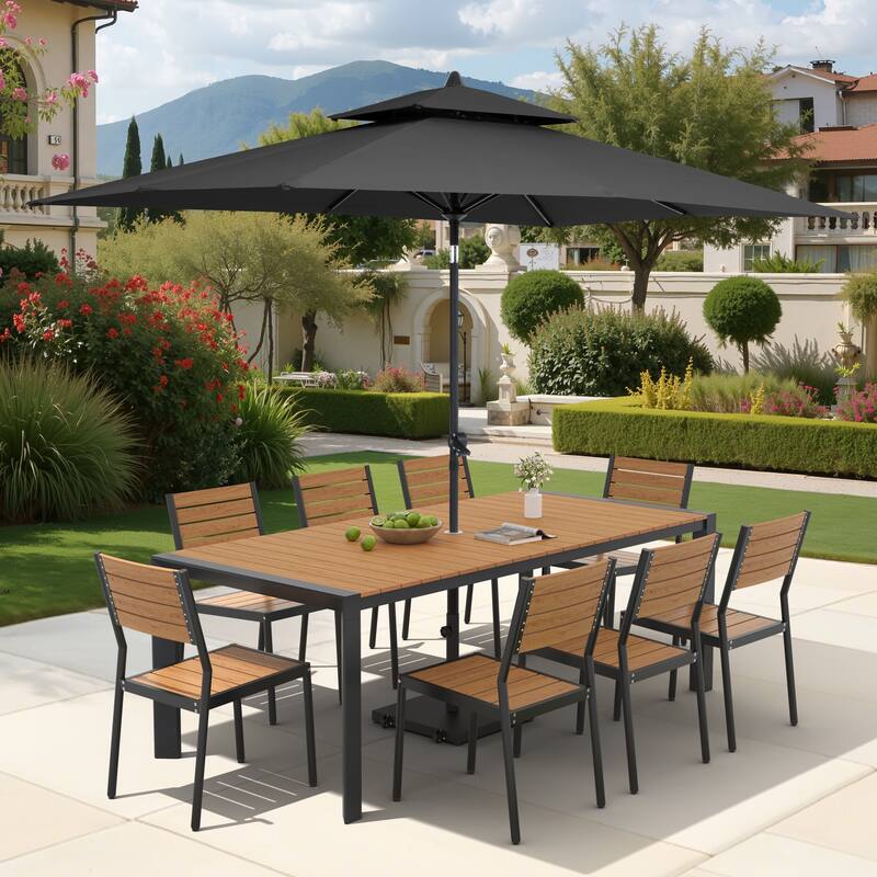 9/11-Piece Outdoor Dining Set Aluminum Table and Stackable Chairs w/10 ft Umbrella and Base