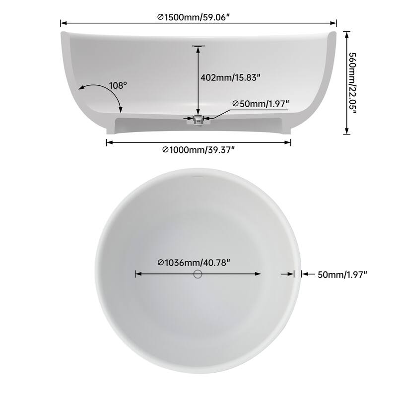 59 in. Freestanding Solid Surface Square Soaking Bathtub in Matte White, Modern Design with Center Drain