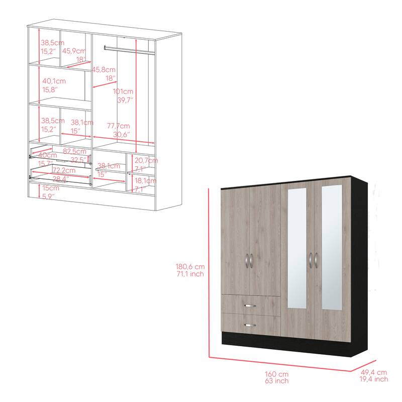 19.4" Modern Mirrored Armoire with Hanging Rod, Two Spacious Drawers and Three Interior Shelves