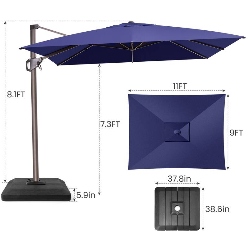 Outdoor 11 x 9 FT Patio 360 Degree Rotation Cantilever Umbrella with 4-Piece Umbrella Base
