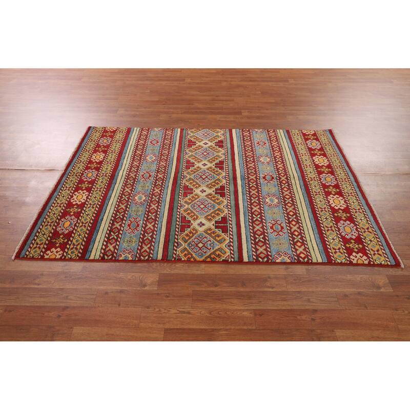 Striped Multi-Color Kazak Oriental Area Rug Handmade Wool Carpet - 4'0" x 5'11"