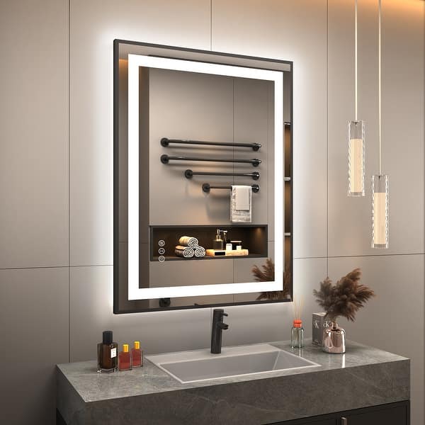 Apmir Black Metal Framed Double LED Defog Wall Bathroom Vanity Mirror