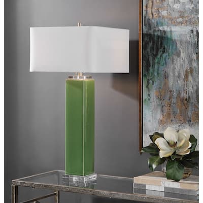 Tropical Glaze Ceramic Table Lamp with White Square Shade - 32" - Green