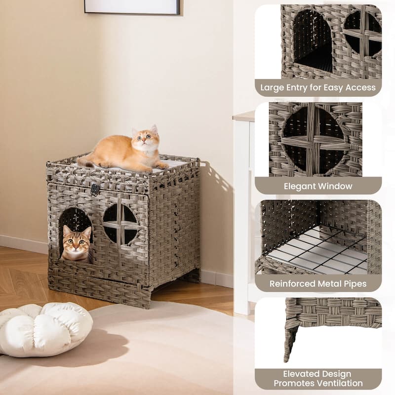 Costway Foldable 2-tier Rattan Cat Litter Box Enclosure with Litter - See Details