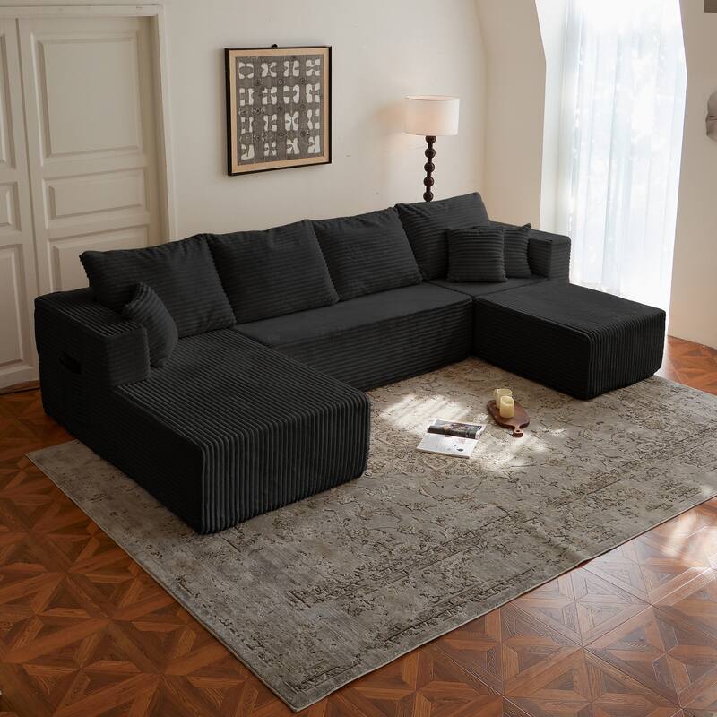 Corduroy Modular Sectional Sofa with Ottoman, U Shaped Upholstered Couch