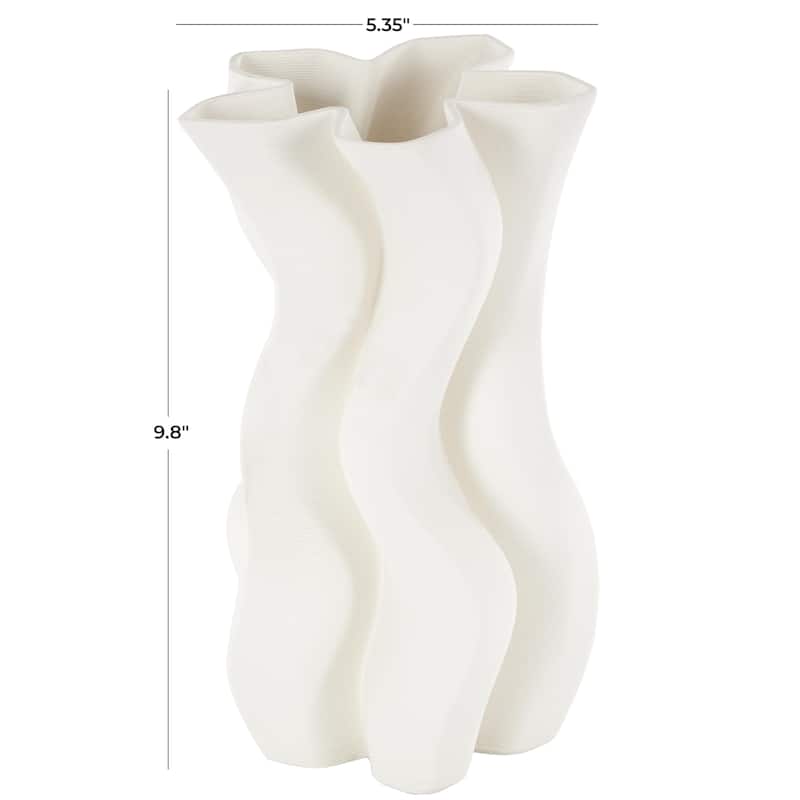 Ceramic Abstract Ribbed Dimensional Wavy Decorative Vase with Floral Shaped Rim - White - Roche River Decor