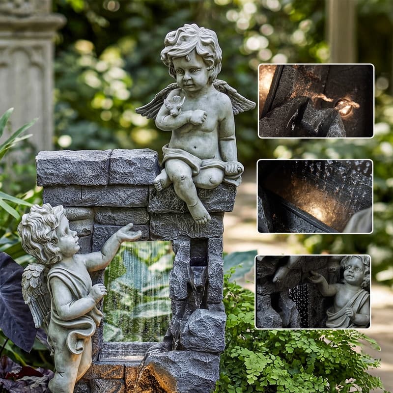 Angel Style Tiered Water Fountain with Water Curtain and LED Lights for Patio Decor