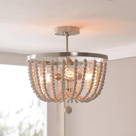 Zander Distressed White Wood Bead 3-light Semi Flush Mount