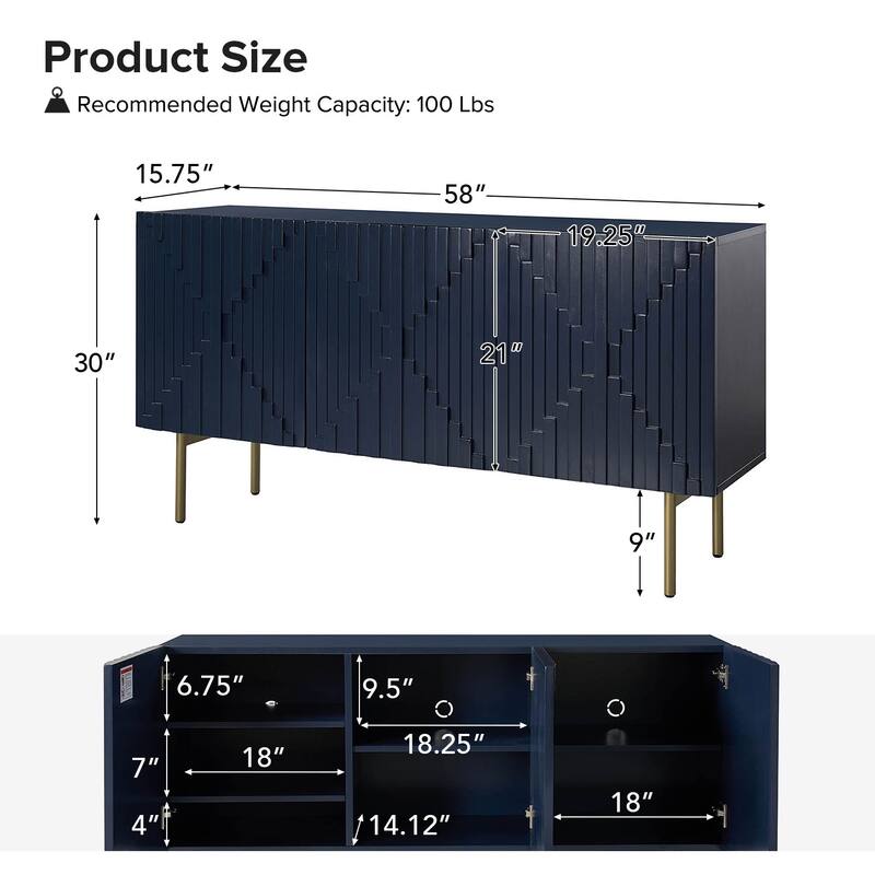 Reginald Modern 58" Wide Sideboard with Cable Management & Adjustable Feet by HULALA HOME